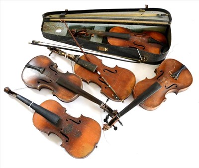 Lot 2027 - Five 19th Century German Violins, one with a lions head carved scroll, one cased, together with...