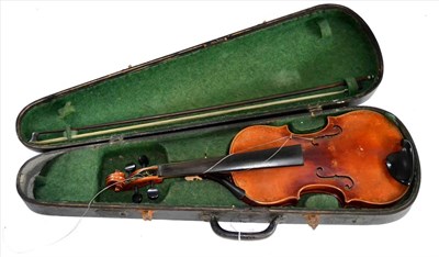 Lot 2029 - A 19th Century German Violin, no label, with a 358mm one piece back, ebony tuning pegs,...