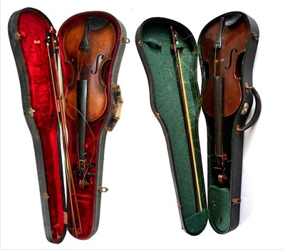 Lot 2031 - Two 19th Century German Violins, together with three bows, cased