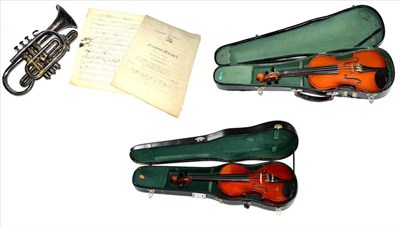 Lot 2032 - Mixed Instruments, comprising a half size German violin, a quarter size German violin, a silver...