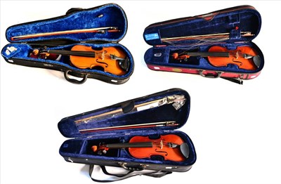 Lot 2035 - Three Small Violins, comprising a 3/4 size Primavera, with two bows,  3/4 size and 1/2 size Stentor