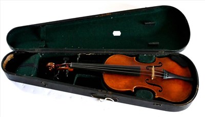 Lot 2038 - A 19th Century Half Size Violin, no label, with a 335mm two piece back, ebony tuning pegs, in a...