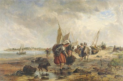 Lot 783 - Circle of Frederick Charles Underhill (19th century) Coastal Scene with Fisherfolk beside Boats...