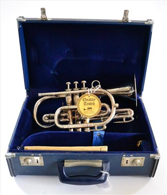 Lot 2055 - A Boosey & Hawkes Silver Plated 'Sovereign' Cornet, serial number 615161, with mother of pearl...