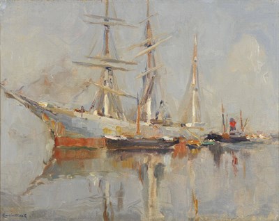 Lot 784 - Maurice Blieck (1876-1922) Continental harbour Scene with Shipping Signed, also signed verso,...