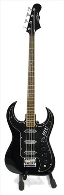 Lot 2075 - A Burns Bison Bass Guitar, with three pick-ups, bound rosewood fretboard, black finish, in soft...