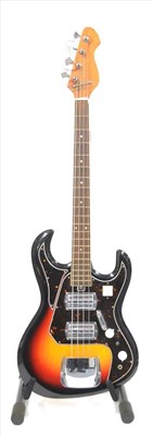 Lot 2076 - A Japanese Made Short Scale Bass Guitar, 1970s, with two pick-ups and sunburst finish