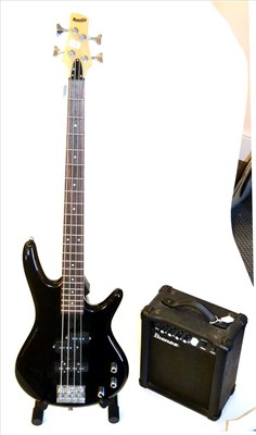 Lot 2089 - An Ibanez Soundgear Bass Guitar, with black body, in soft case, together with an Ibanez BSA10...