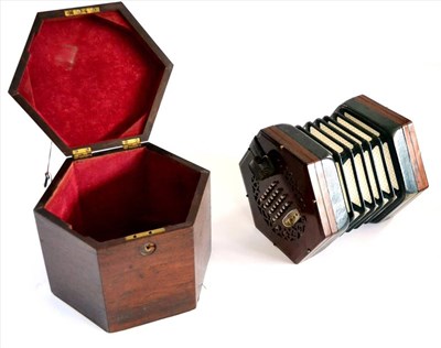 Lot 2117 - A Wheatstone 48 Key English System Hexagonal Concertina, with makers paper label 'C Wheatstone...