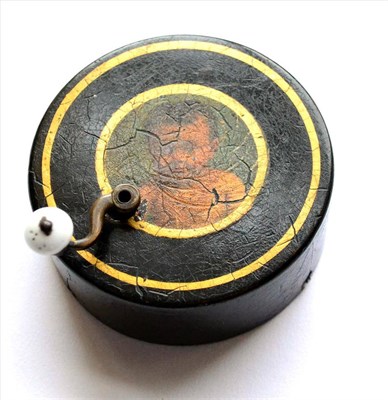 Lot 2122 - Hand Wound Musical Box of circular form with handpainted image of an infant on top; with...