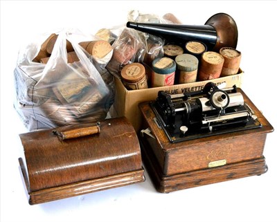 Lot 2128 - Edison Standard Phonograph Model C in oak case with black horn and oak case with ivorine plaque...