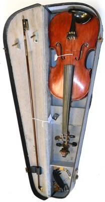 Lot 16 - Four Cased Violins, including a Czech copy of a Strad, with two bows, in a leather case, a...