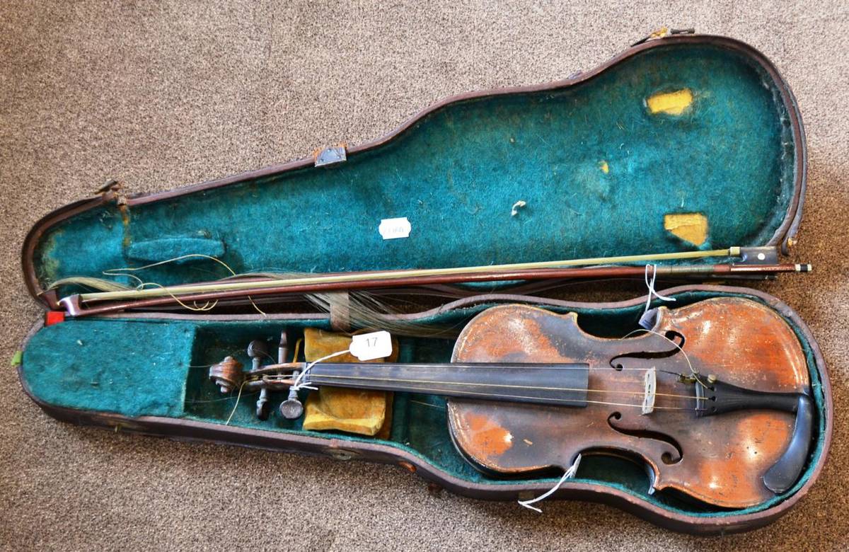 Lot 17 - A 19th Century German Violin, no label, with a 352mm one piece back, ebony tuning pegs,...