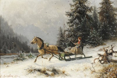 Lot 797 - Johannes Bertholomaus Duntze (1823-1895) German Figure in a Horse Drawn Sleigh Signed and dated...