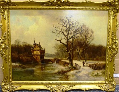 Lot 801 - Wilhelm Theodor Nocken (1830-1905) German Sportsman and his Dog on a Footbridge in a Winter...