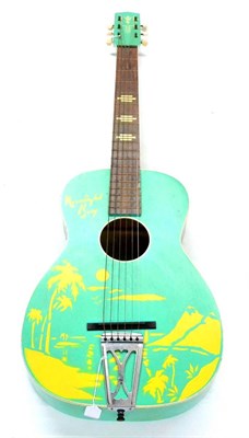 Lot 138 - A 1940s Harmony Moonlight Bay Stencilled Acoustic Guitar, blue/green body with yellow...