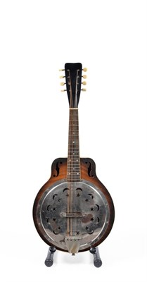 Lot 174 - A 1930s Dobro Resonator Mandolin, with ebonised plywood constructed body and sunburst plywood...