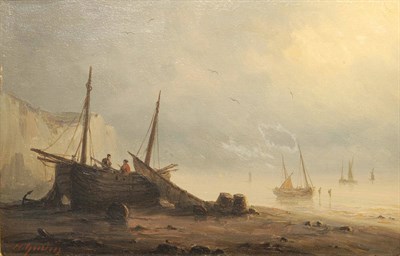 Lot 813 - Henriette Herminie Gudin (1825-1876) French Beach Scene at Low Tide, with figures and fishing boats