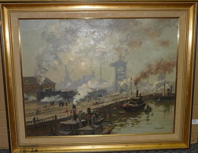 Lot 814 - Russian School (20th/21st century contemporary) Harbour Scene with Shipping anchored beside a...