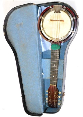 Lot 230 - An 8-String Mandolin-Banjo, with geared machine head, white tuners, in a leather case