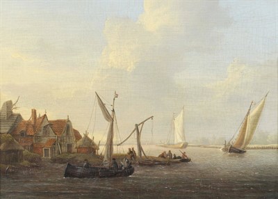 Lot 815 - Dutch School (19th century) Estuary Scene with Figures and Fishing Boats beside Buildings Oil...