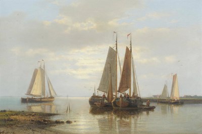 Lot 817 - Abraham Hulk Snr (1813-1897) Dutch Fishing Boats and Figures in a Calm off a Coastline Signed,...