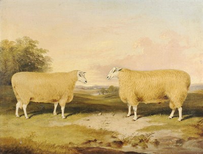 Lot 819 - Thomas Bretland (1802-1874) Two Prize Leicester Rams, standing beside trees Signed with the...