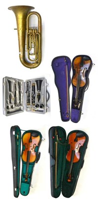 Lot 29 - Mixed Instruments, comprising a cased violin stamped 'Hopf' with a bow, a cased Stentor Student...