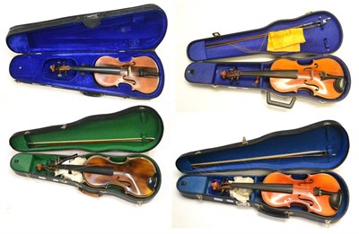 Lot 31 - Three Cased Violins, comprising a 19th century English violin by James Russell, with a bow, a...