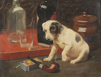 Lot 824 - George Derville Rowlandson (1861-1928) Study of a Terrier Pup, looking at a pipe and box of matches