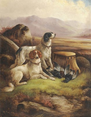 Lot 825 - Robert Cleminson (fl.1864-1903) "After the Shoot", two gundogs and dead game in a highland...