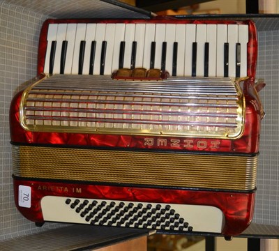 Lot 70 - Hohner Arietta IM Piano Accordion with red faux pearl body in a leather case