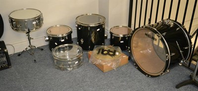 Lot 72 - A Drum Kit, various makers, includes drums, stands, pedals and cymbals, together with a Peavey...