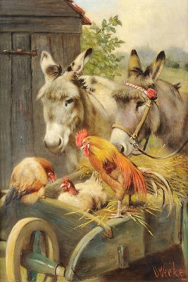 Lot 827 - Herbert William Weekes (fl.1864-1904) Two Donkeys beside a Wheelbarrow, cockerel and hens in...