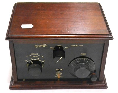 Lot 87 - Chakophone Economy Two Radio in mahogany case with four dial plastic front and hinged lid