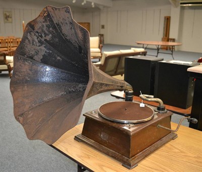 Lot 94 - HMV Model 32 Gramophone c1910 in oak case with Morning Glory horn HMV, lacking sound box