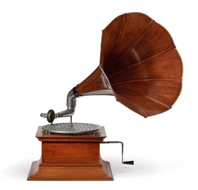 Lot 95 - Horn Gramophone with wooden cast and perforated cast turn table marked 'B B Ld', reproducer and...