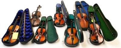 Lot 30 - Seven Mixed Violins, various sizes and countries of manufacture, most cased