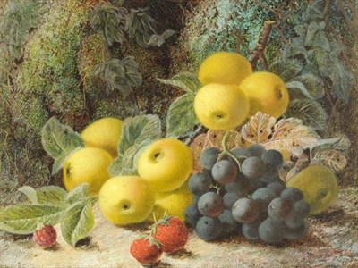 Lot 833 - Oliver Clare (1853-1927) Still Life of Grapes, Apples, Strawberries and a Raspberry Signed and...