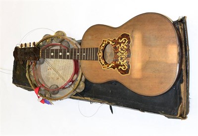 Lot 68 - Cuatro 8 Stringed with decorated back, together with two tambourines (one with document vellum skin