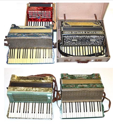 Lot 75 - Five Piano Accordians, comprising a cased Galotta, Hohner Carmen II, cased Paulo Soprani,...