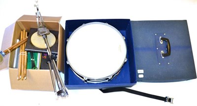 Lot 81 - A Premier Snare Drum, in a stiff card box, together with a stand, drumsticks and a box of books