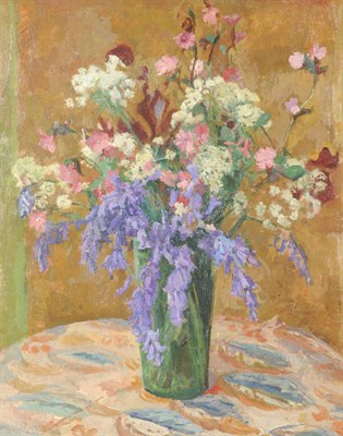 Lot 838 - John Anthony Park ROI, RBA (1880-1962) "Wild Flowers in a Green Vase" Signed, inscribed on an...