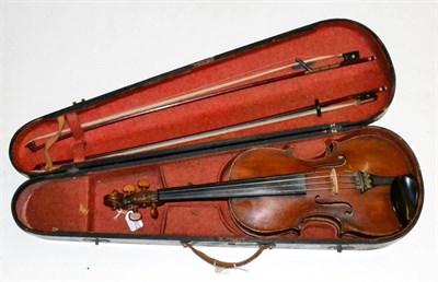 Lot 2002 - A 19th Century German Violin, no label, with a 360mm one piece back, boxwood tuning pegs, with...