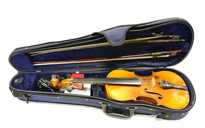 Lot 2016 - Student Violin with 14' two piece back, with two bows (one marked 'Techler' (cased)