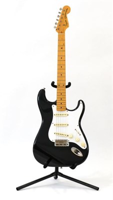 Lot 2067 - Fender Squier Stratocaster Guitar no.JV32488 Made in Japan, black body with white scratchplate,...