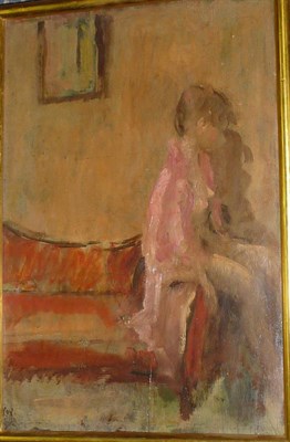 Lot 848 - David Cox ROI, RWA (b.1914)  "Girl in Pink" Signed twice, inscribed on an old label verso, oil...