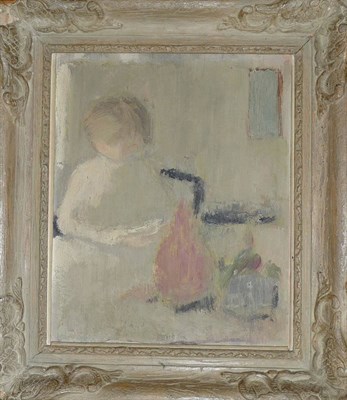 Lot 849 - David Cox ROI, RWA (b.1914) "Tea Table" Signed, inscribed on an old label verso, oil on board, 31cm