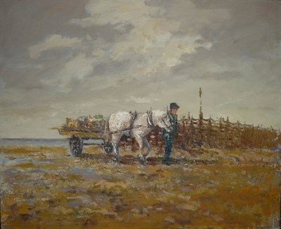 Lot 852 - William Norman Gaunt FIAL, NDD (1918-2001) Man with a Horse and Cart on a Beach at Low Tide Signed