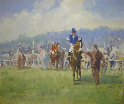 Lot 853 - William Norman Gaunt FIAL, NDD (1918-2001) Racehorses with Jockeys Up in a Parade Ring Oil on...